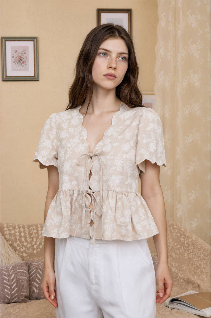 Floral Flair Front Tie Top - Beige