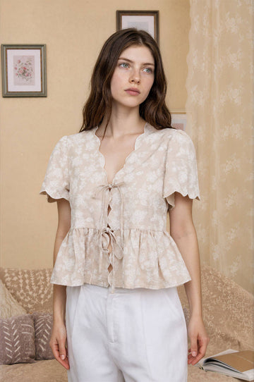 Floral Flair Front Tie Top - Beige