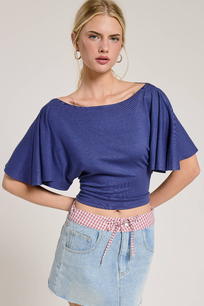 Back Again Batwing Tie Back Top - Blue