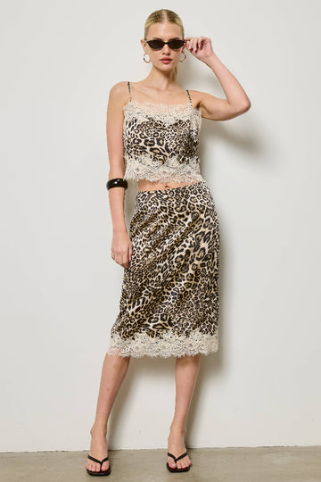 Cute Self Lace Trim Cami & Skirt Set - Leopard