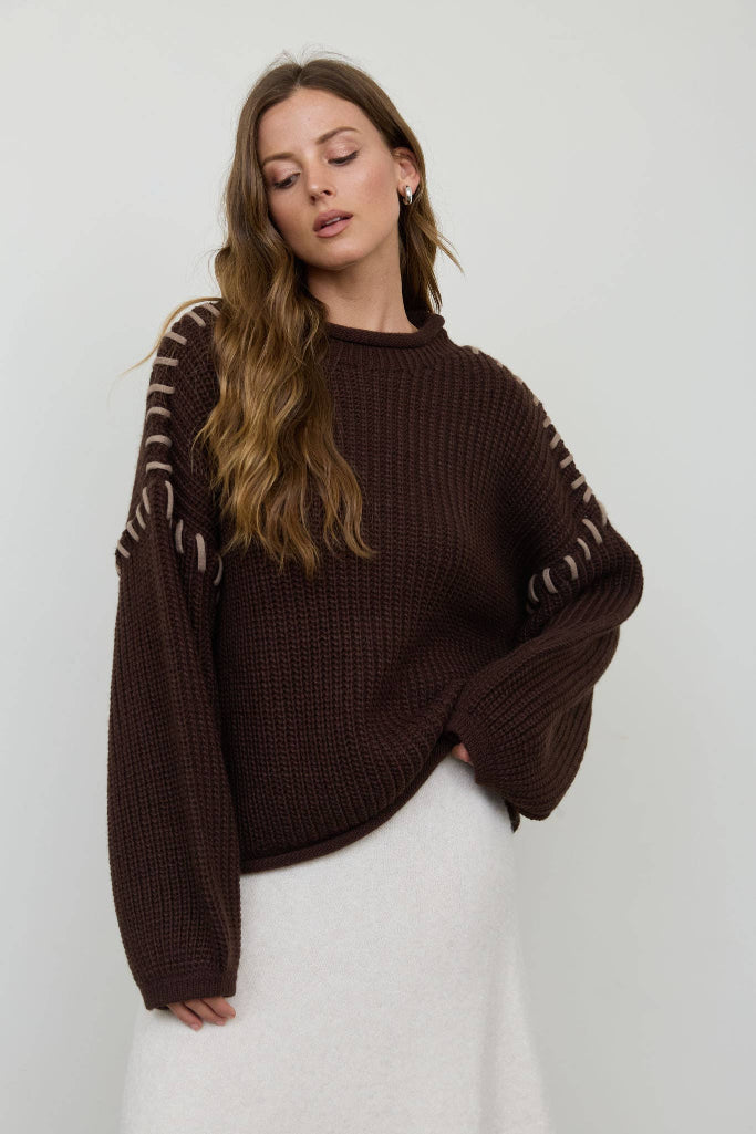 Stay Awhile Stitch Sweater - Dark Brown