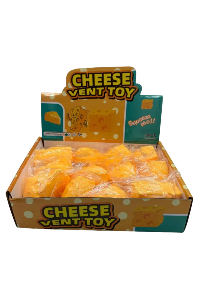 Box of Cheese Vent Toys with packaging on a white background