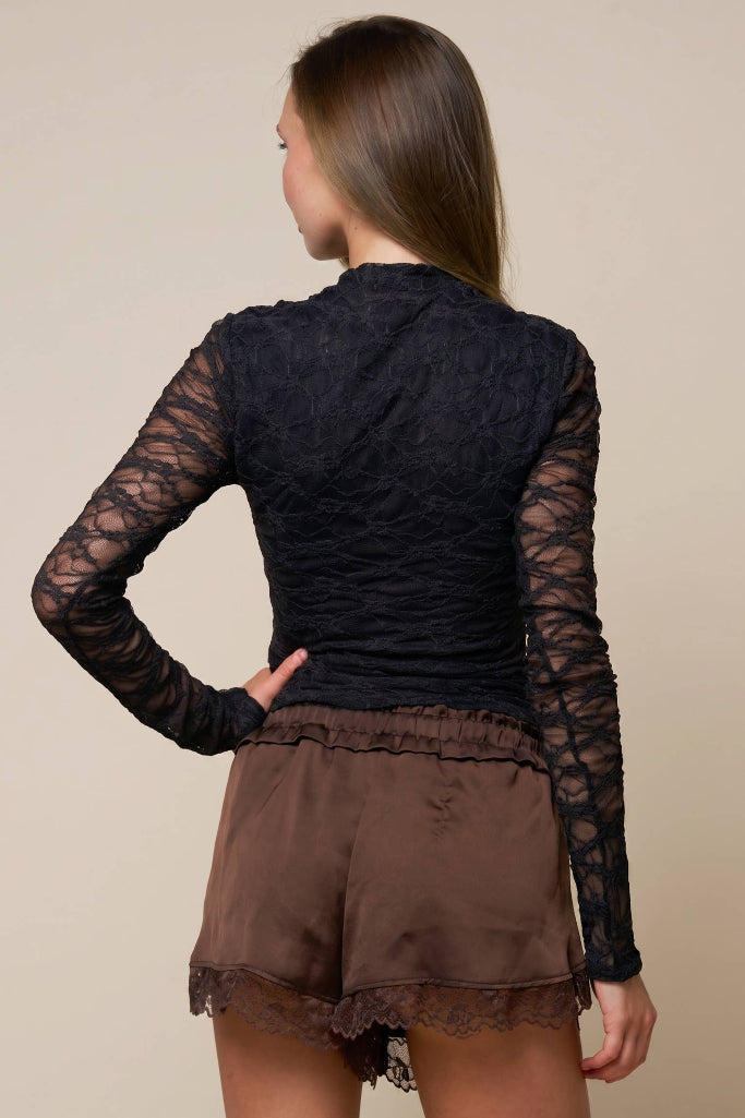 Side Kick Long Sleeve Lace Top - Black