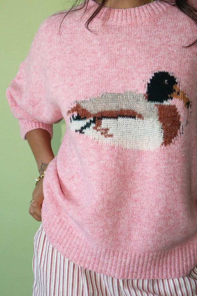Lucky Duck Graphic Knit Sweater - Baby Pink