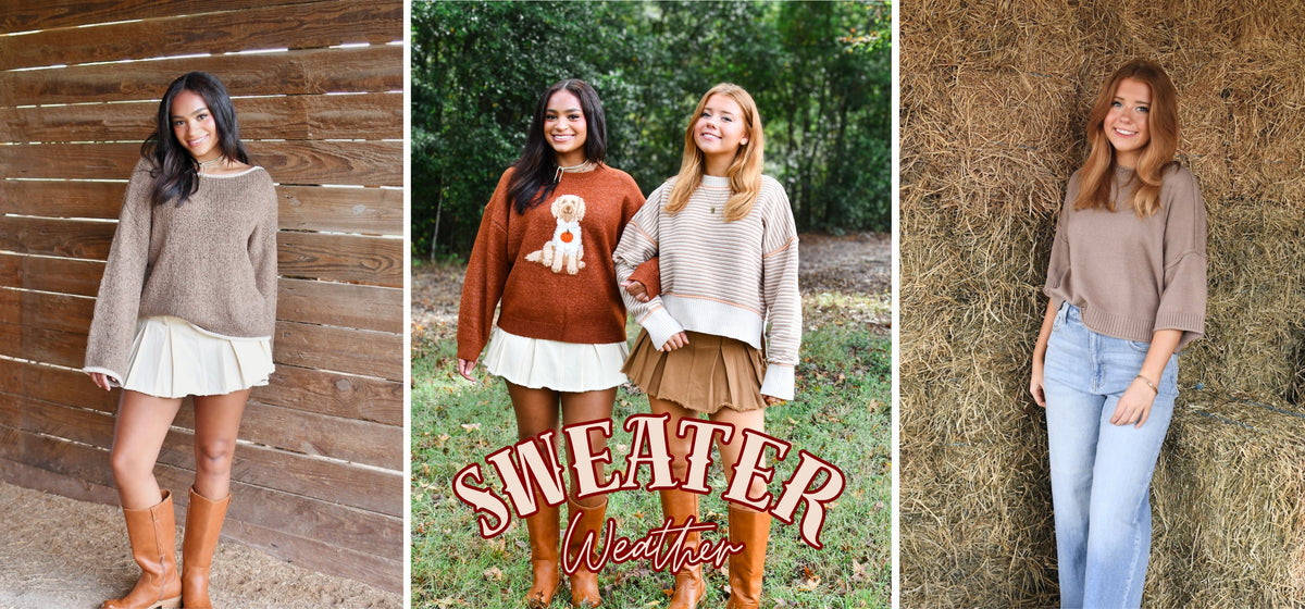 Shop the Sweater Weather drop. Three looks: oversized sweaters with pleated mini skirts and tall brown boots, and a cropped sweater with light wash jeans.