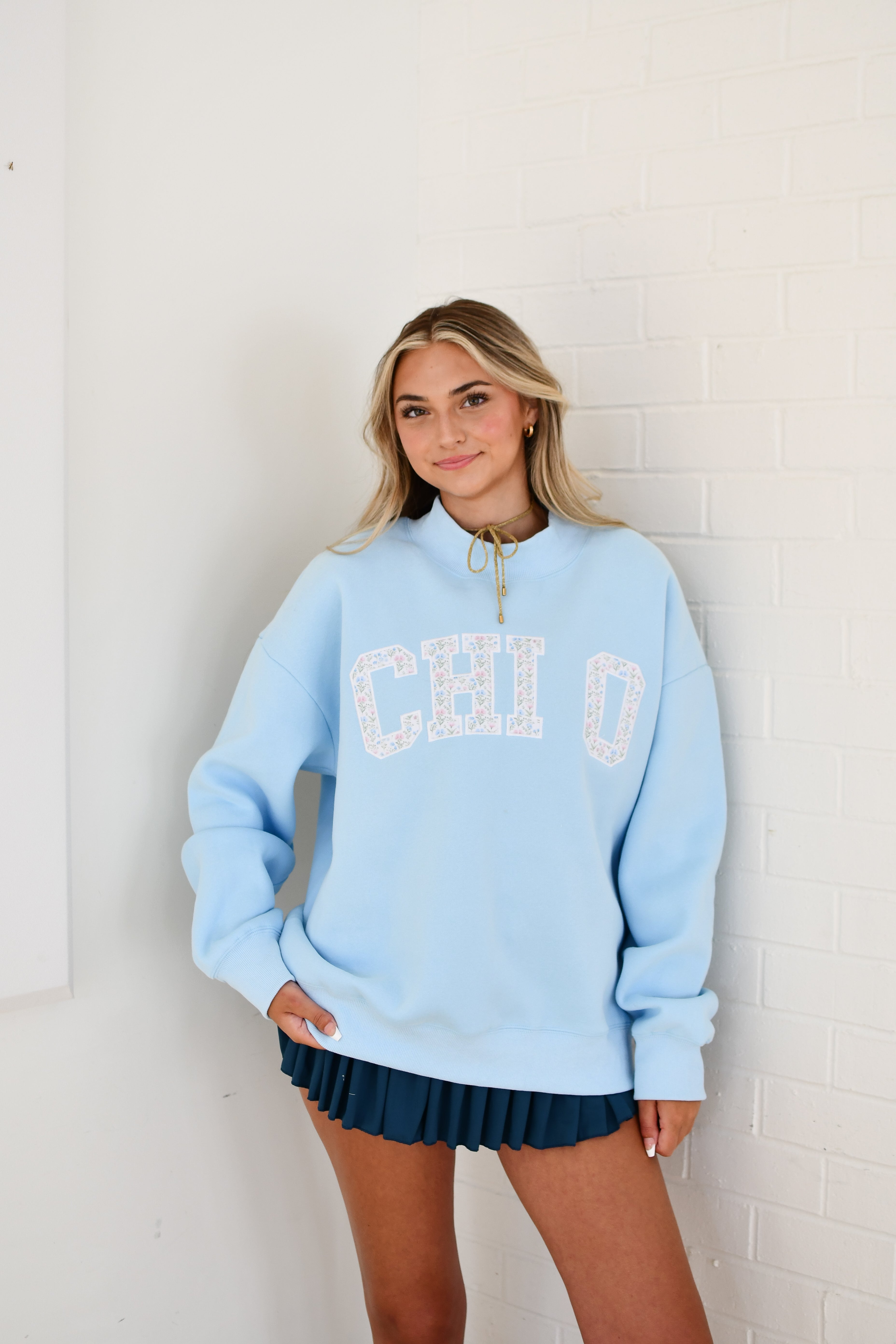 Sorority Floral Embroidered Mock-Neck Sweatshirt - Chi Omega