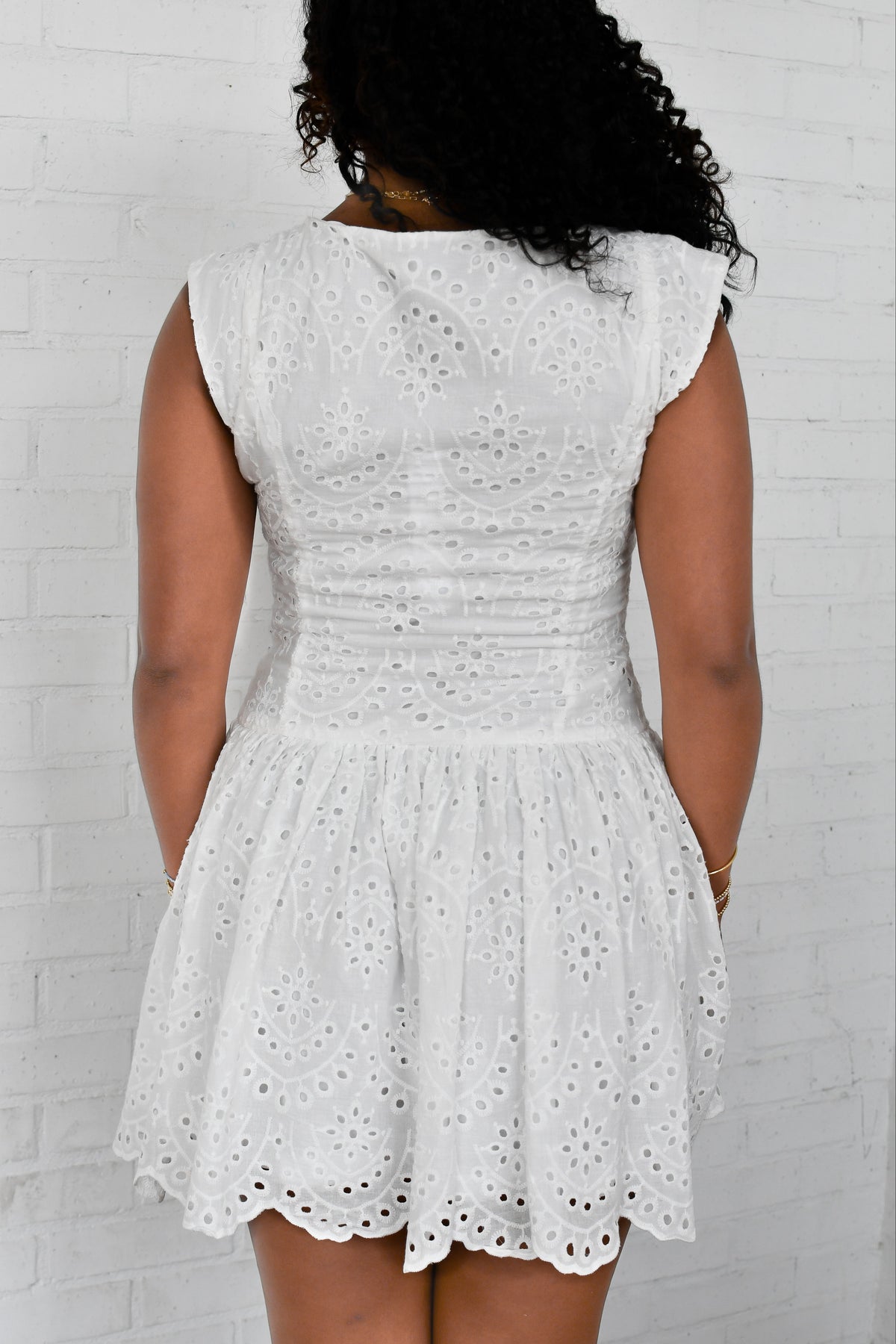 Top Pick Eyelet Flare Drop Waist Dress- White