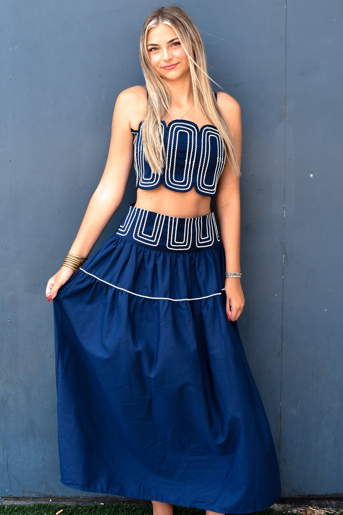 Big Play Lace Trimmed Top & Skirt Set - Navy/White