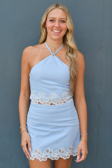 Bringing Good Embroidered Halter Top & Skort Set - Blue