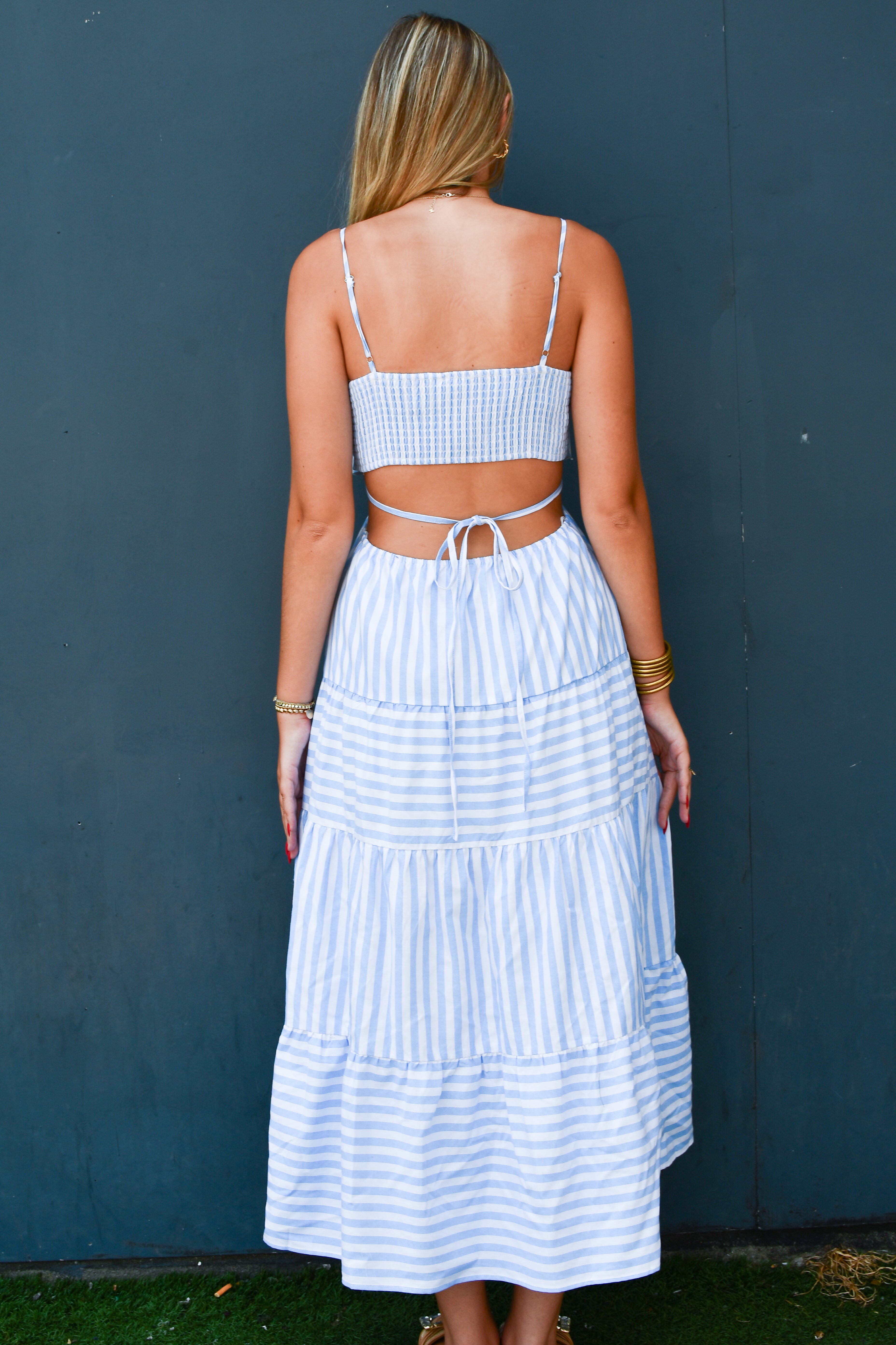 More To Come Tiered Striped Maxi Dress - Blue/White