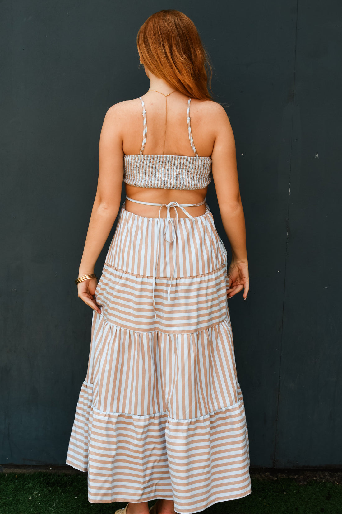 More To Come Tiered Striped Maxi Dress - Blue/Tan