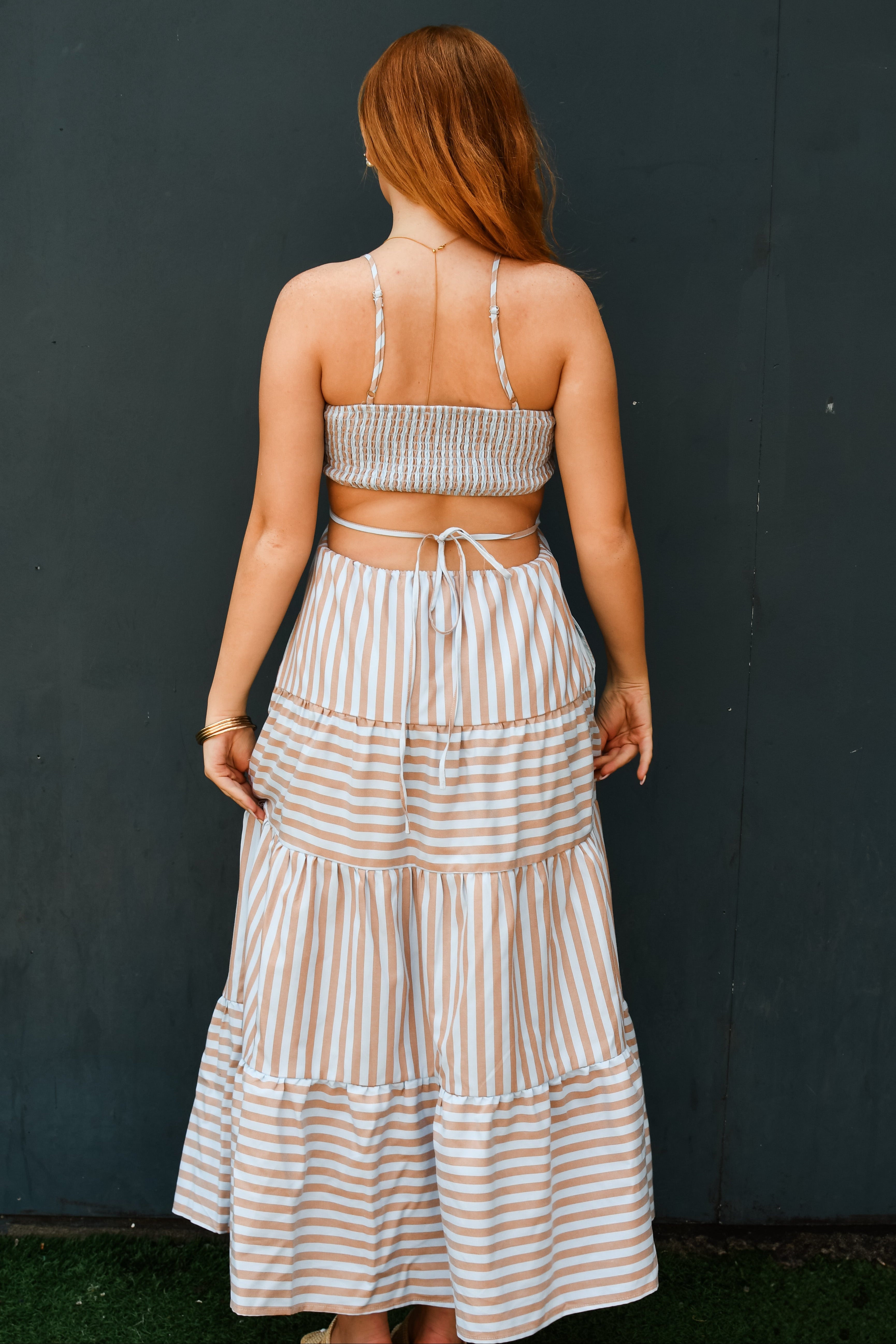 More To Come Tiered Striped Maxi Dress - Blue/Tan