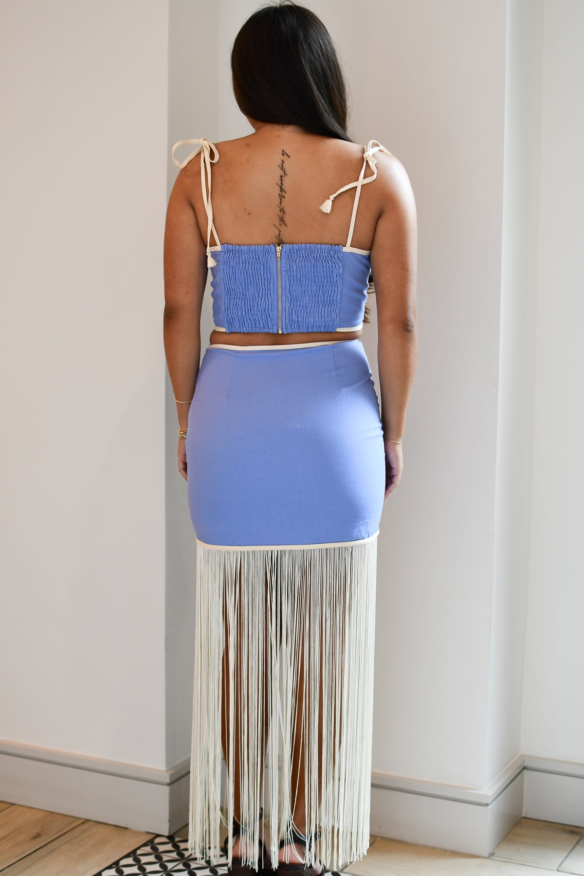 Cute Combo Top & Fringe Skirt Set - Blue