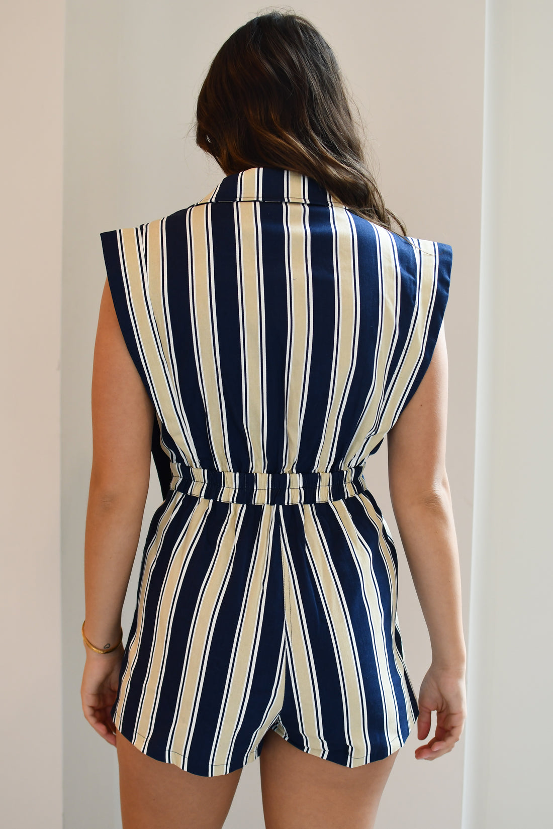 So It Goes Striped V-Neck Romper - Navy