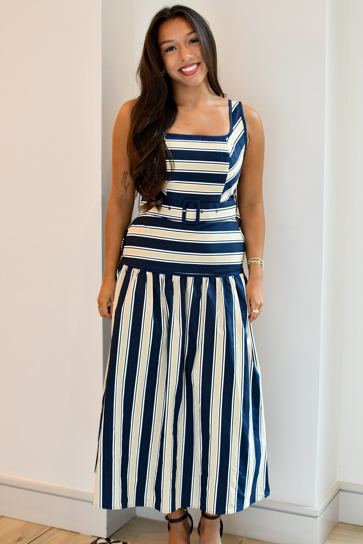 Looking Forward Striped Midi Dress - Navy/Beige