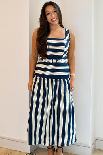 Looking Forward Striped Midi Dress - Navy/Beige