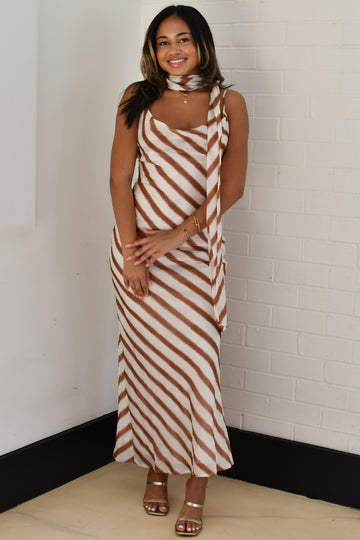 Kind Gesture Striped Cowl Neck Maxi Dress - Mocha