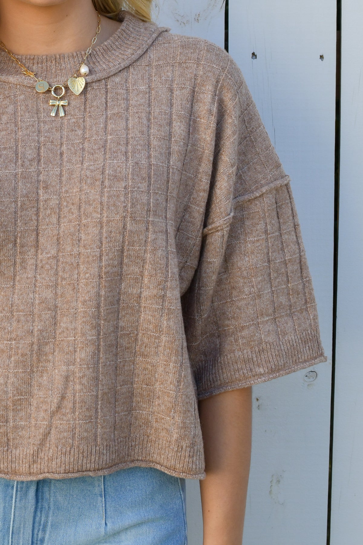 Classic Crop Ribbed Knit Sweater - Mocha, view 2