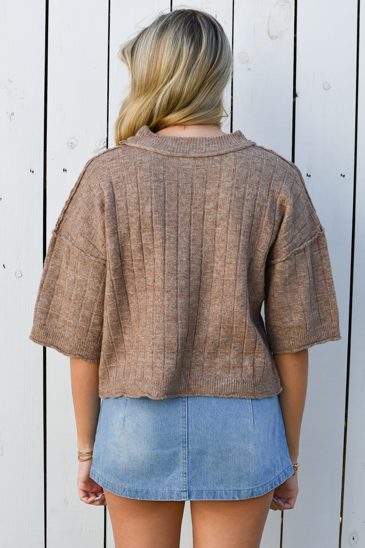 Classic Crop Ribbed Knit Sweater - Mocha, view 3