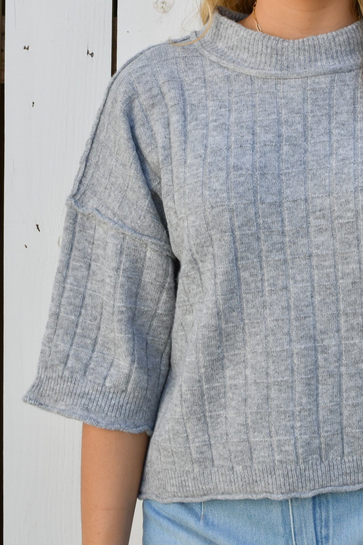 Classic Crop Ribbed Knit Sweater - Grey, view 3