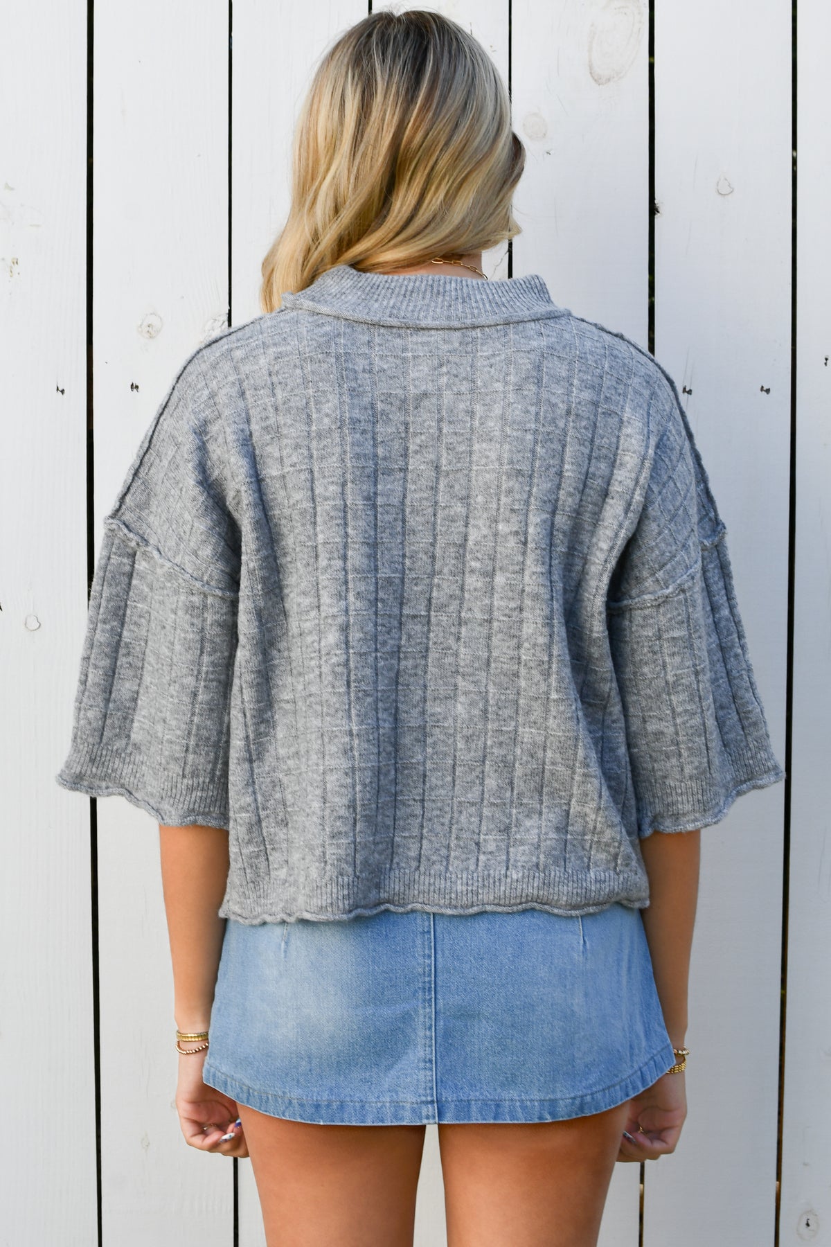 Classic Crop Ribbed Knit Sweater - Grey, view 2
