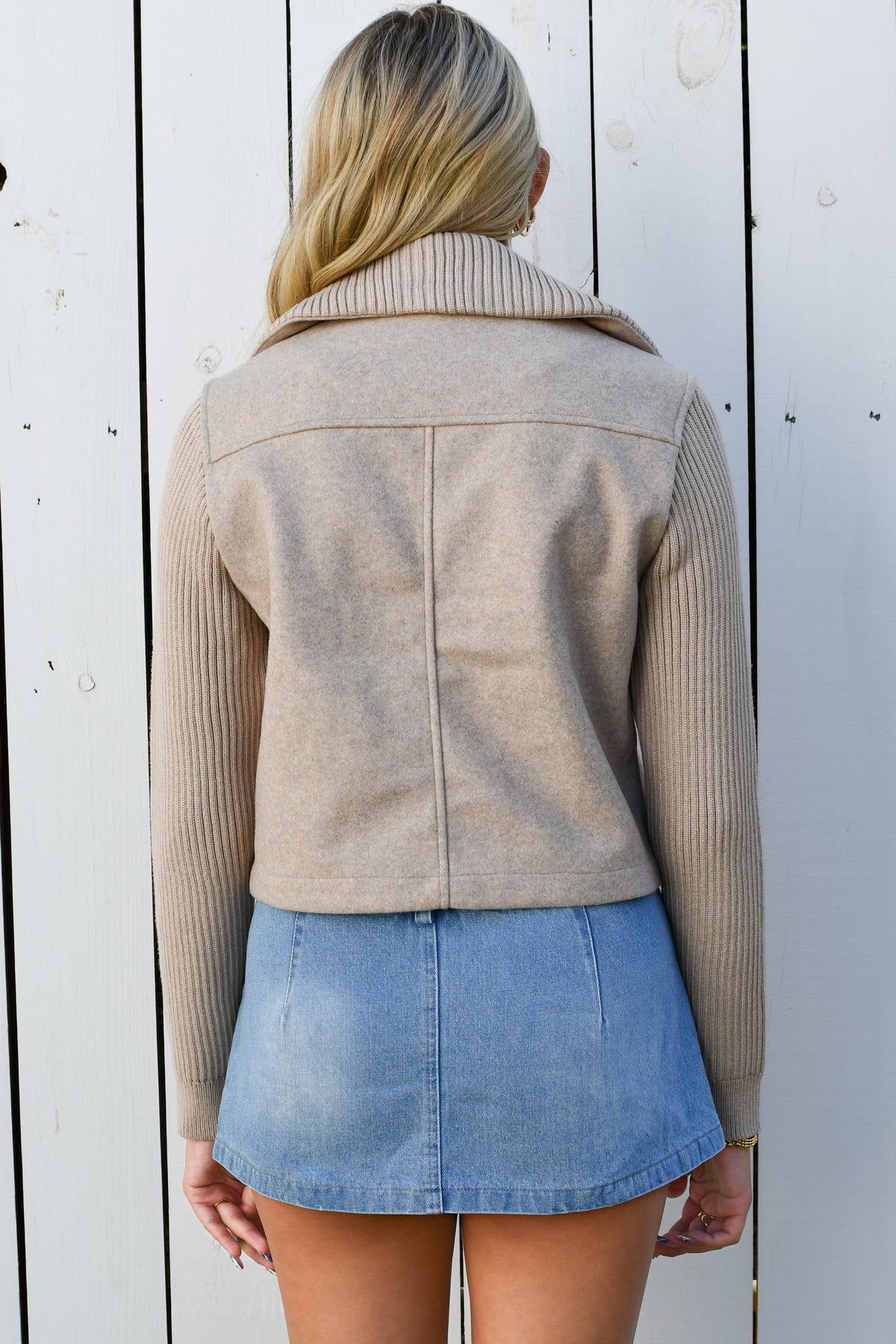 Back of taupe zip knit jacket