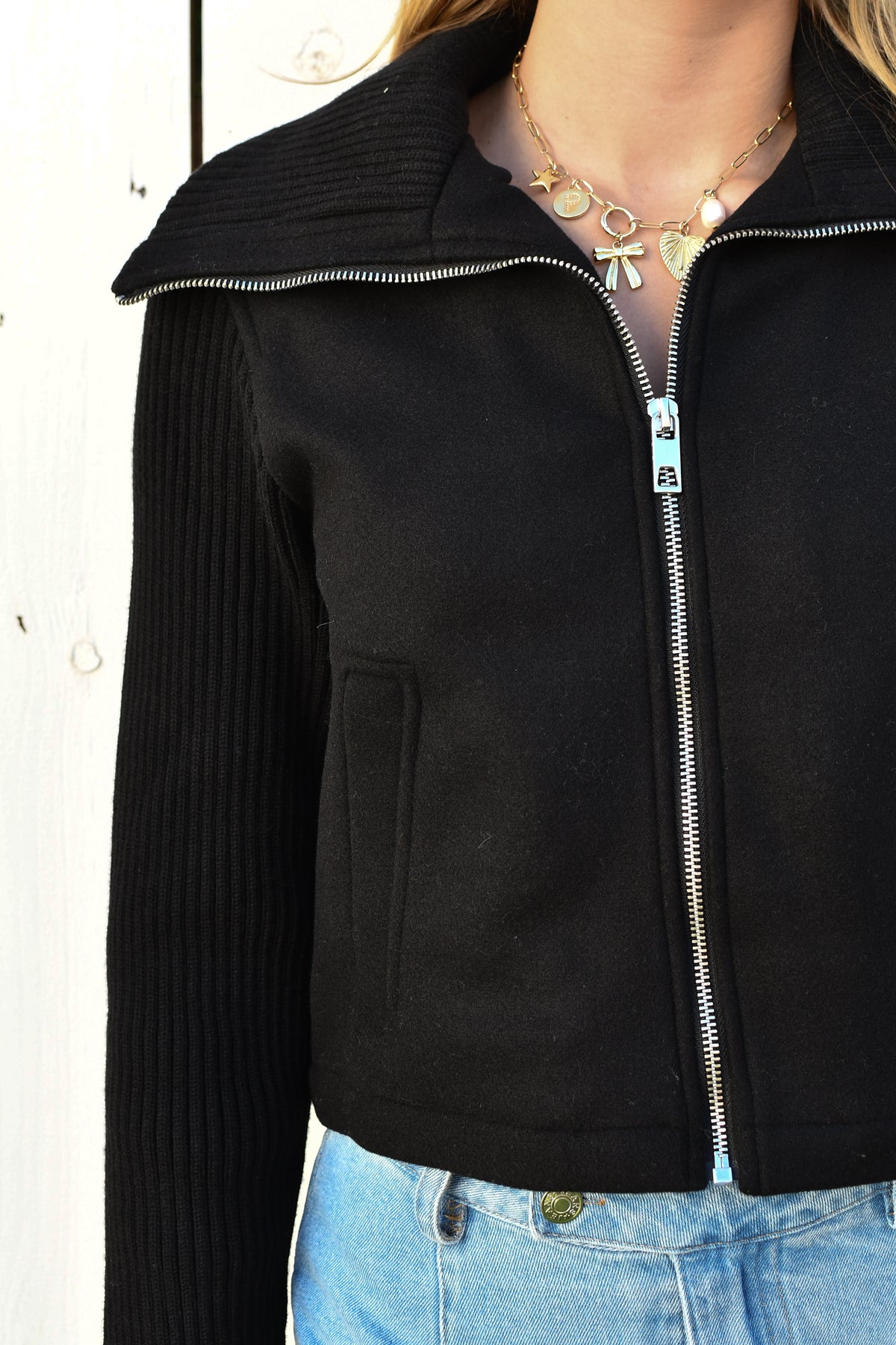 Close-up of black knit jacket collar, zipper and ribbed sleeve