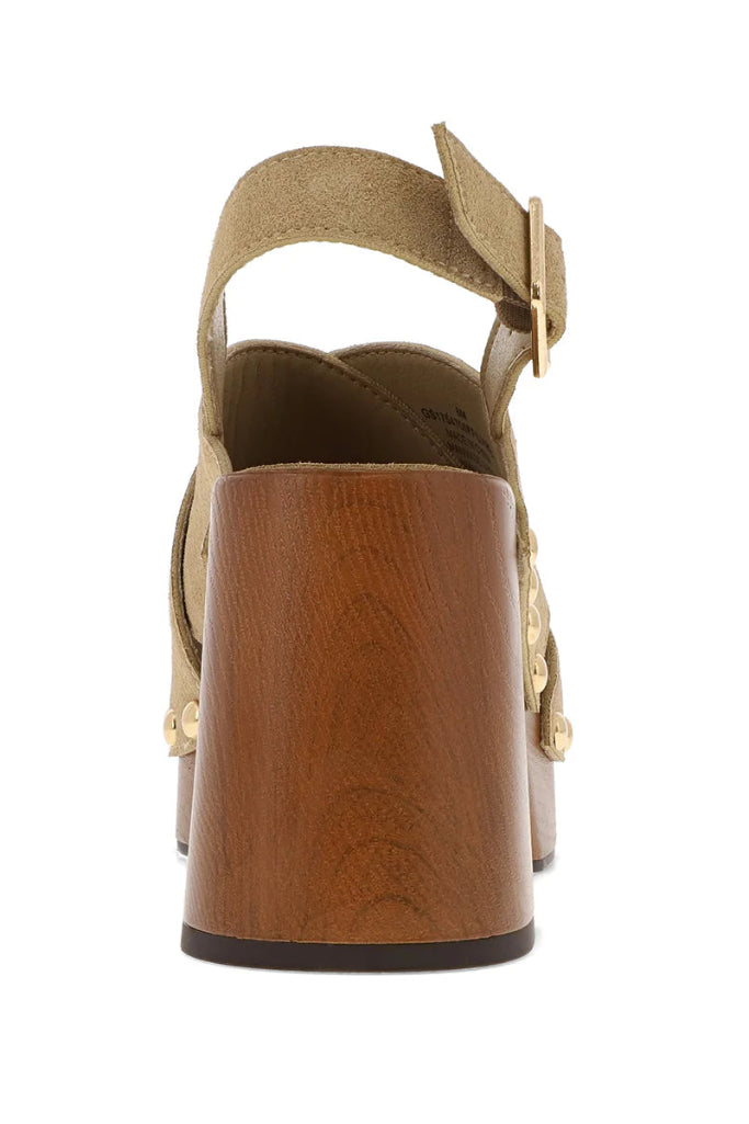 Brown sandal with wooden heel and gold buckle on a white background
