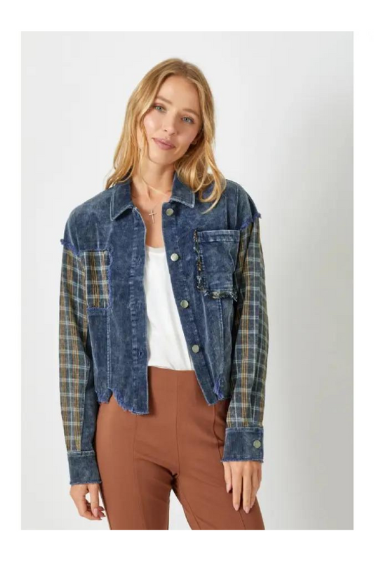 With The Wind Distressed Jacket- Blue Plaid