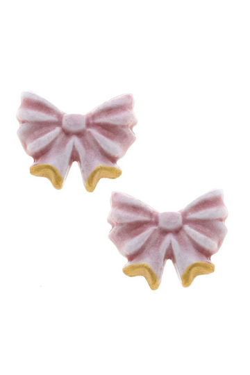 Lucy Porcelain Bow Stud Earrings- Gold/Pink