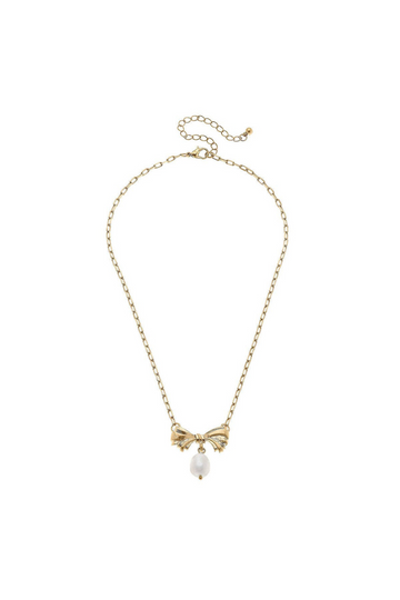 Cici Bow And Pearl Pendant Necklace- Worn Gold