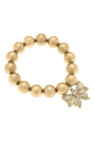 Waverly Bow Charm Stretch Bracelet- Worn Gold