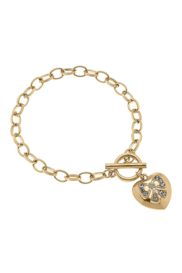 Rylan Pavé Bow Heart Charm T-Bar Bracelet- Worn Gold