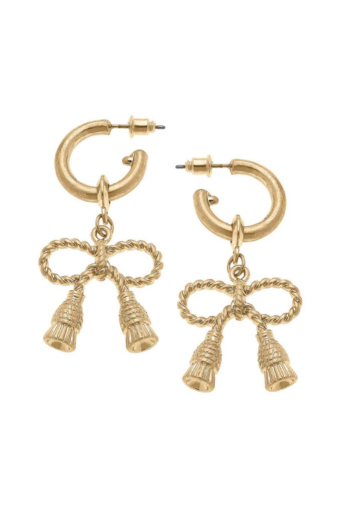 Daisy Bow Drop Hoop Earrings- Worn Gold