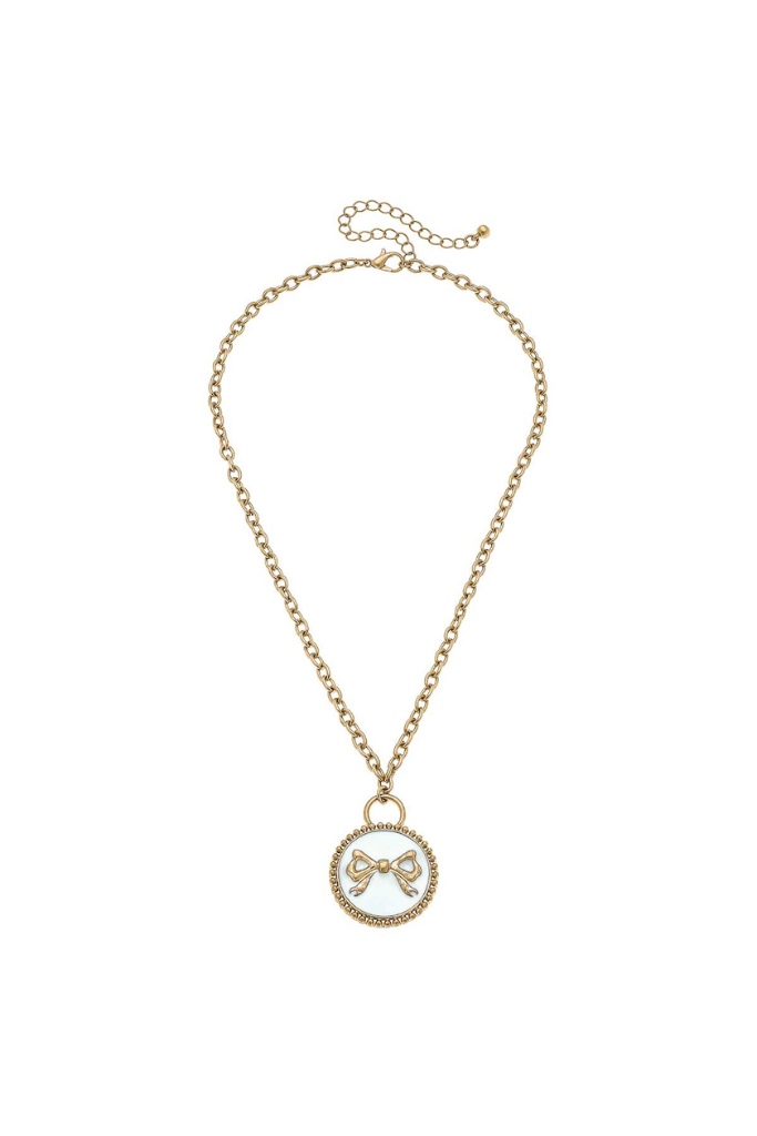 Blakeley Enamel Bow Pendant Necklace- Ivory/Gold