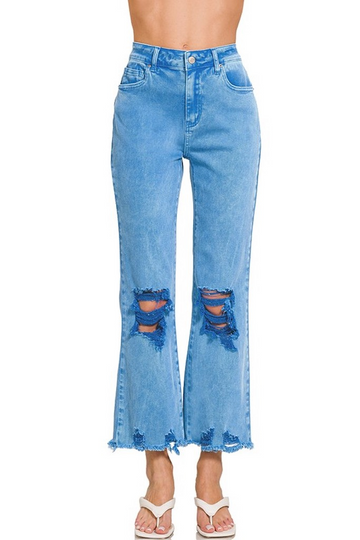 Verona Distressed Flare Jeans- Blue