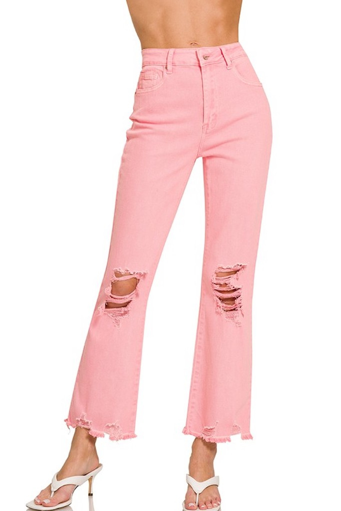 Verona Distressed Flare Jeans- Pink