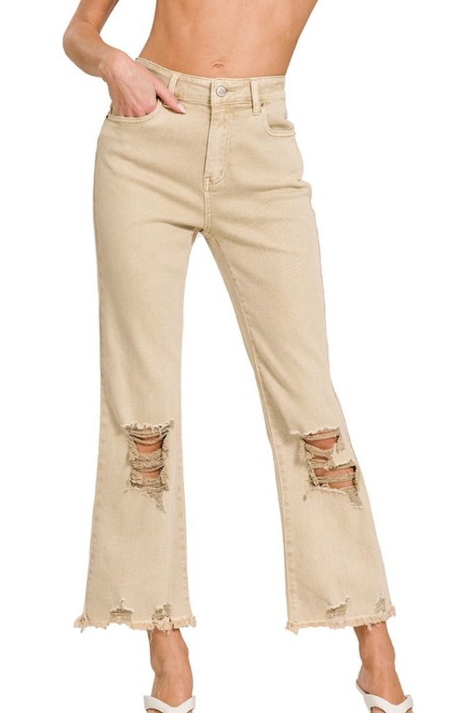Verona Distressed Flare Jeans- Beige