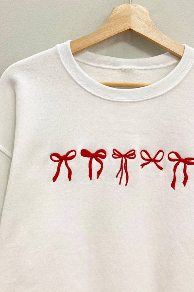 Embroidered Bows Sweatshirt -White/Red