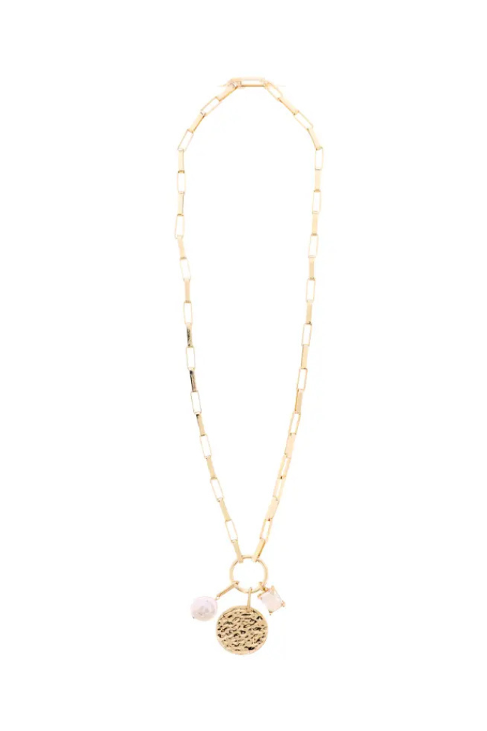 Box Chain Hammered Disk Necklace - Gold