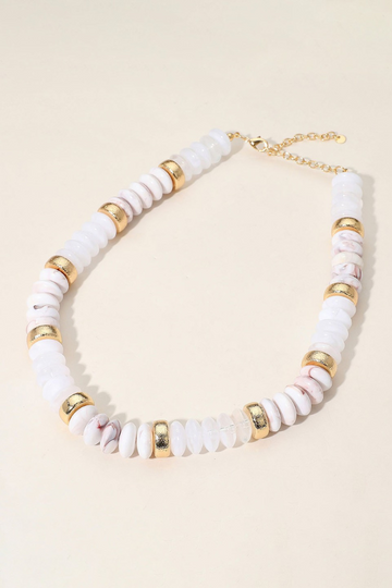 Disk Beaded Necklace - White/Gold