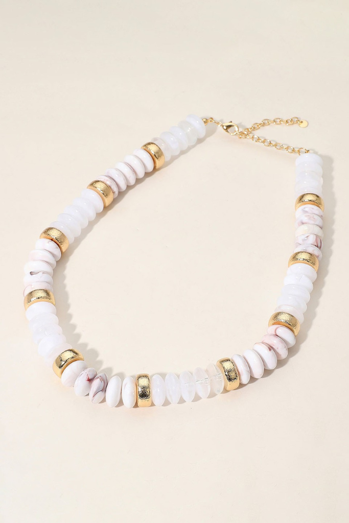 Disk Beaded Necklace - White/Gold