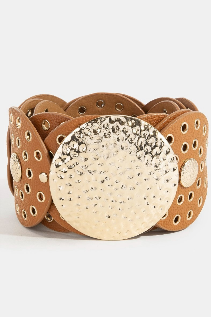 Hammered Disc Loop Belt - Tan/Gold