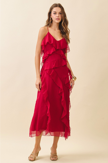 Cascading Midi Dress- Red