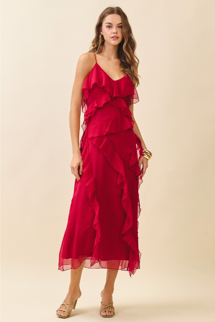 Cascading Midi Dress- Red