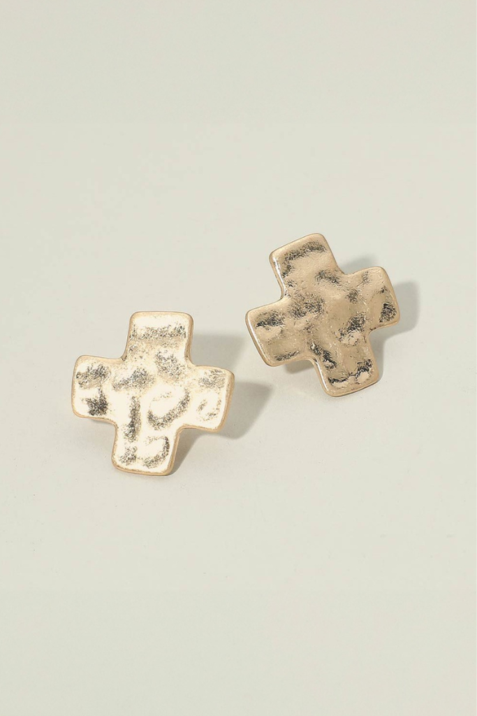 Praise Cross Hammered Earrings - Washed Gold
