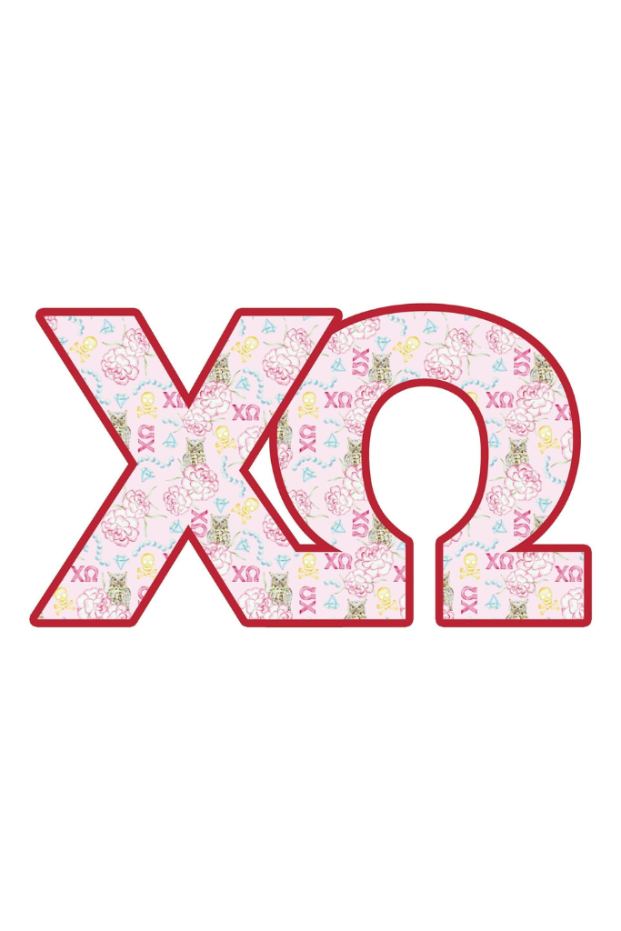 A decorative Greek letter omega symbol (Θ) filled with a pink and white floral pattern and outlined in red, shown on a plain white background.