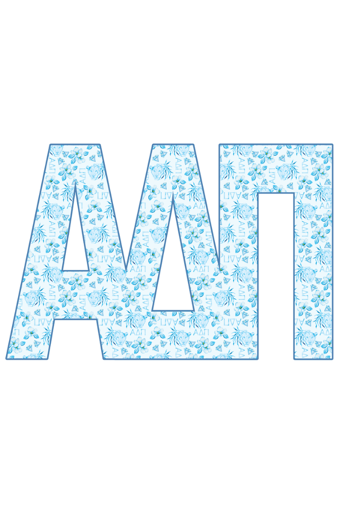 Three large Greek letters Alpha, Mu, and Pi filled with a light blue and white floral pattern, outlined in blue, on a plain white background.