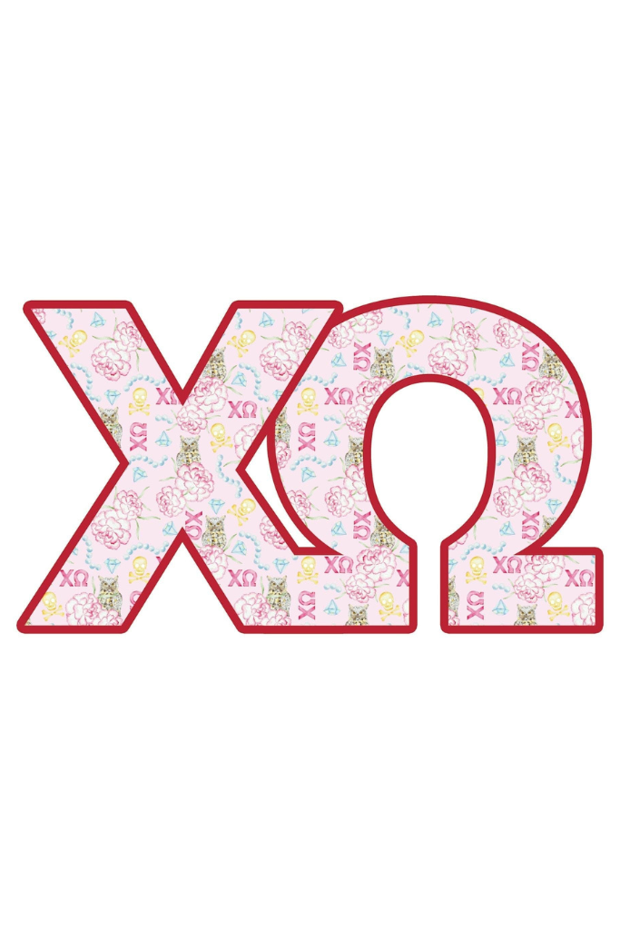 Woman holding up a pink 'ΧΩ' sign outdoors