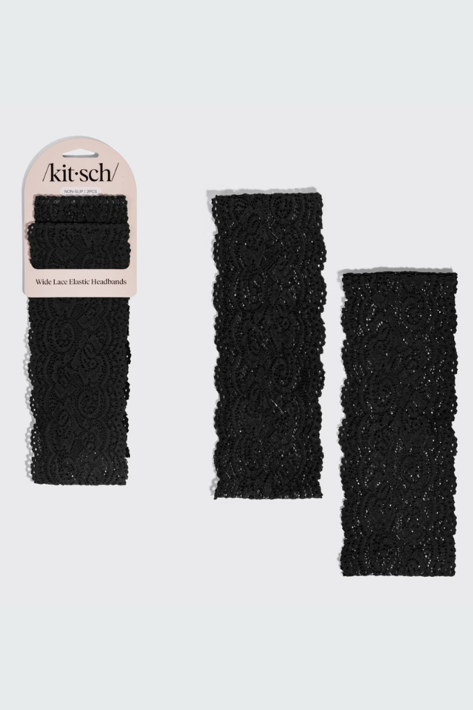 Wide Lace Elastic Headbands 2pc Set - Black
